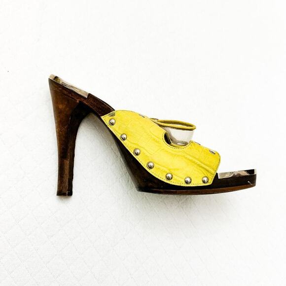 Versace Vintage Platform Mules Bright Yellow Wooden Heel Peep Toe Size 6 - Picture 5 of 5